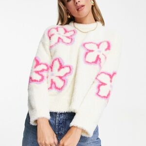 Bershka Fluffy Floral Logo Sweater in White